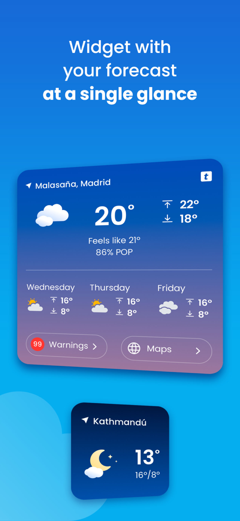 Weather&Rain: Maps & Widget - Home screen widgets for the El Tiempo weather app showing current temperature and daily forecasts for multiple locations