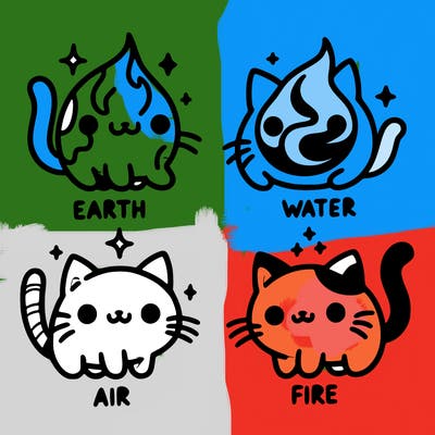 4 cats that represent the different elements, earth, water, air, and fire