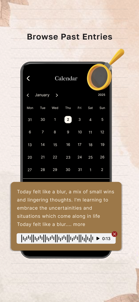 Journal It: Your Daily Diary - Calendar view in the Journal It app showing a daily reflection entry with text and a voice memo.