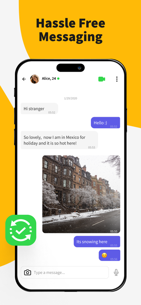 Gaze: Live Video Chat App - Uma captura de tela do aplicativo Gaze mostrando uma interface de chat de texto e foto com um ícone de tradução em tempo real.