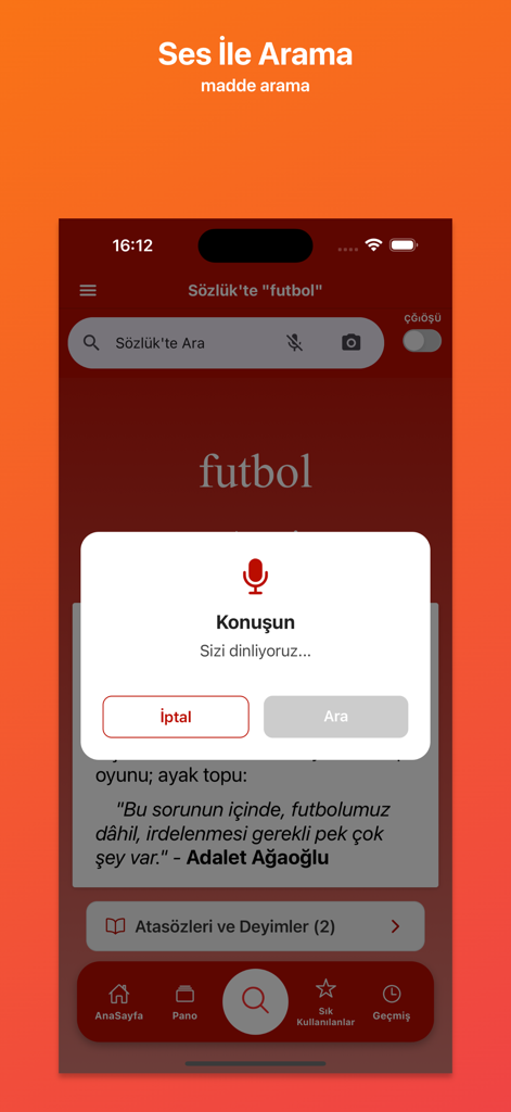 Interface do aplicativo Dicionário Turco TDK apresentando a tela de ativação de busca por voz em um iPhone