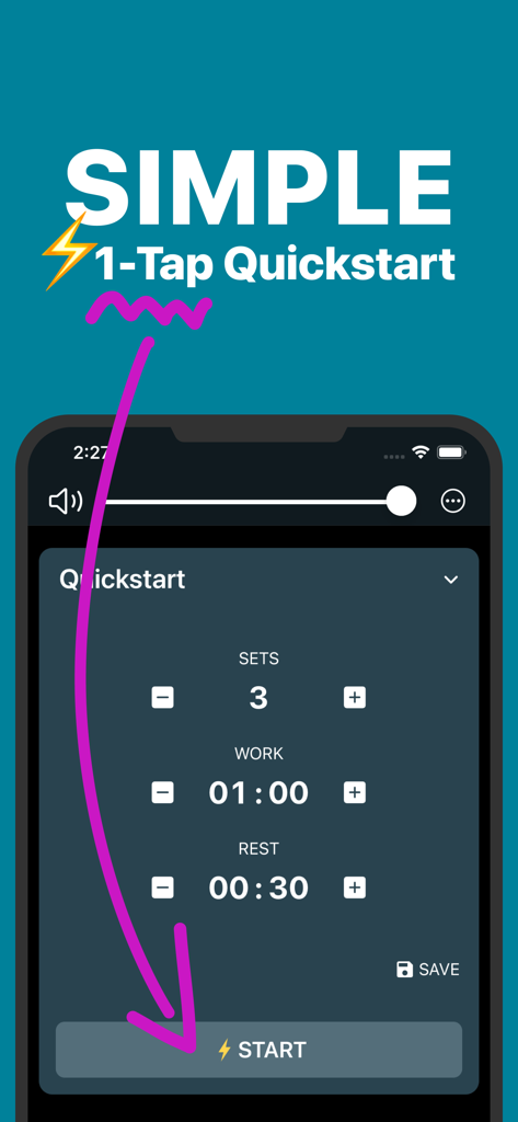 Interval Timer Plus - Interface de l'application Interval Timer Plus montrant la fonction de démarrage rapide en un clic avec des durées personnalisables de séries, de travail et de repos