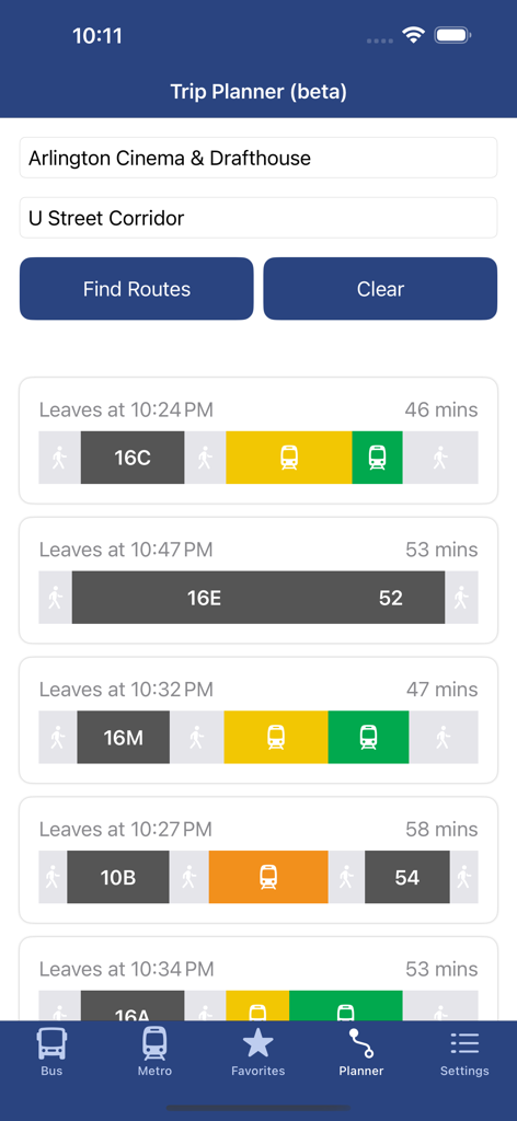 DC Metro and Bus app trip planner screen showing multi-modal transit route options