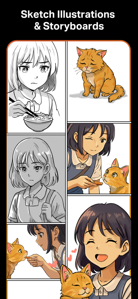 Painéis de storyboard estilo mangá mostrando uma garota e um gato ruivo criados no aplicativo Sketch Pro
