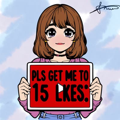 realistic girl holding up a sign that says “pls get me to 15 likes!”