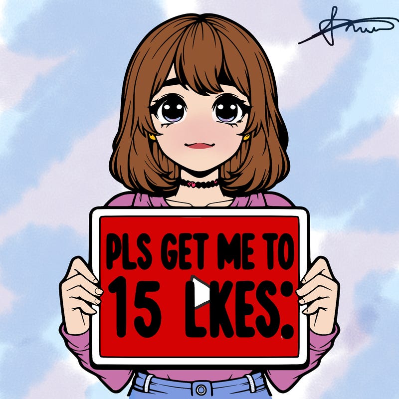 realistic girl holding up a sign that says “pls get me to 15 likes!”