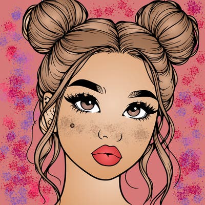 realistic girl with two buns on her hair and lips
