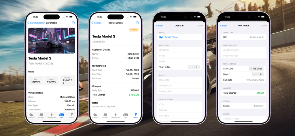 Interfaccia dell'app Drift Xtreme che mostra i dettagli del veicolo e le schermate di gestione noleggi.