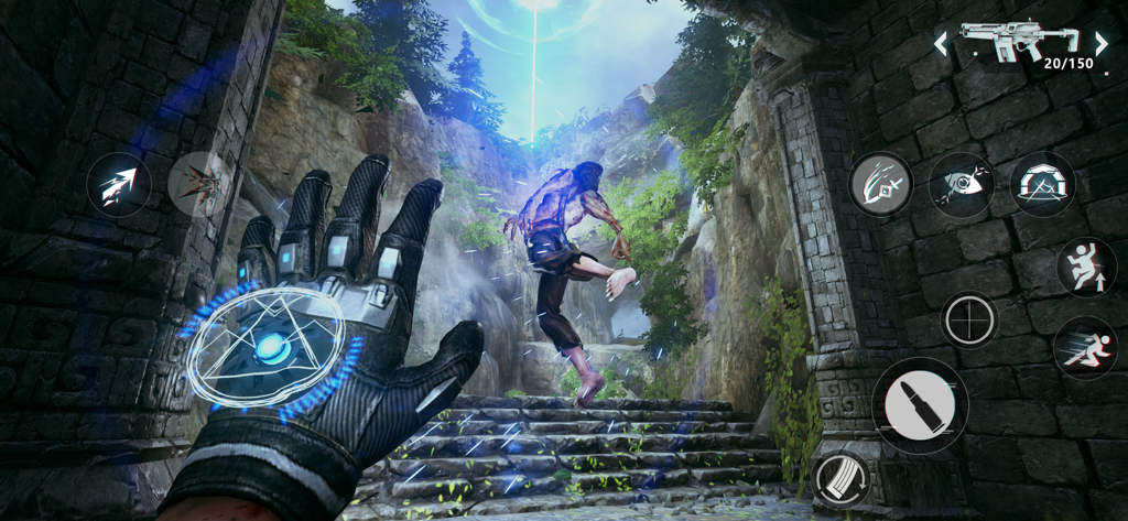 Bright Memory Mobile - A first person gameplay view in Bright Memory Mobile showing a high tech glove and a combat scene in ancient stone ruins