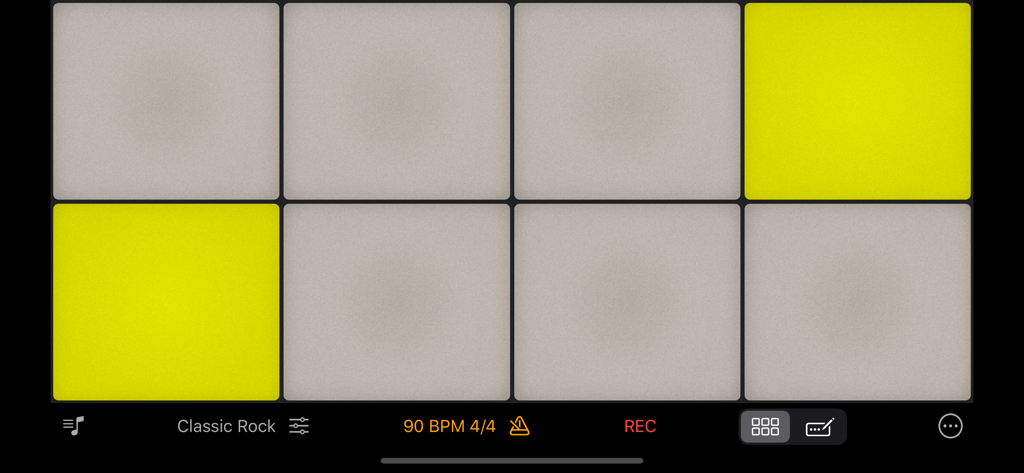 Rhythm Pad Pro mobile app drum pads with classic rock kit and recording controls active