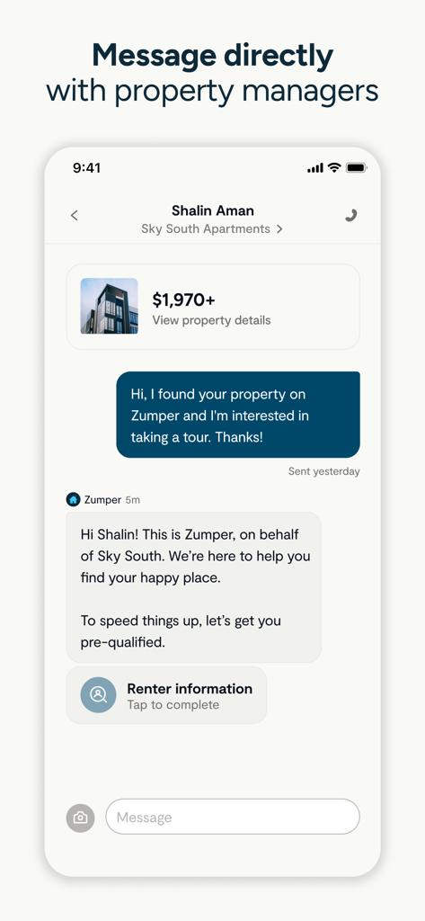 Zumper - Apartment Finder - Una interfaz de aplicación móvil que muestra una conversación de mensajería directa entre un inquilino y un administrador de propiedades en Zumper