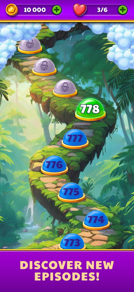 Hexa Diamonds - Hexa Diamonds level progression map showing a winding path through a lush magical jungle with levels up to 778.