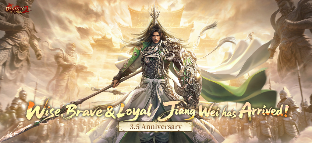 Dynasty Legends 2 - Dynasty Legends 2の英雄、姜維が3.5周年イベントのために古代寺院の前に立っている