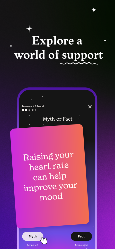 Soluna: Mental Health Care - An interactive Myth or Fact game on the Soluna app screen showing a card about how heart rate can improve mood