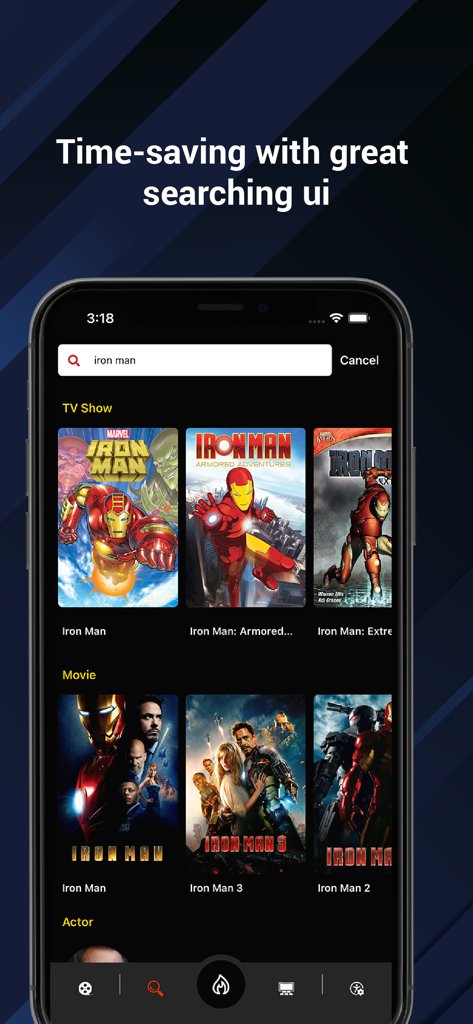 Soap.2Days - Une interface de recherche dans l'application Soap.2Days montrant les résultats de films et de séries TV pour Iron Man