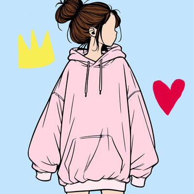 realistic girl with a oversized sweatshirt on and a bun