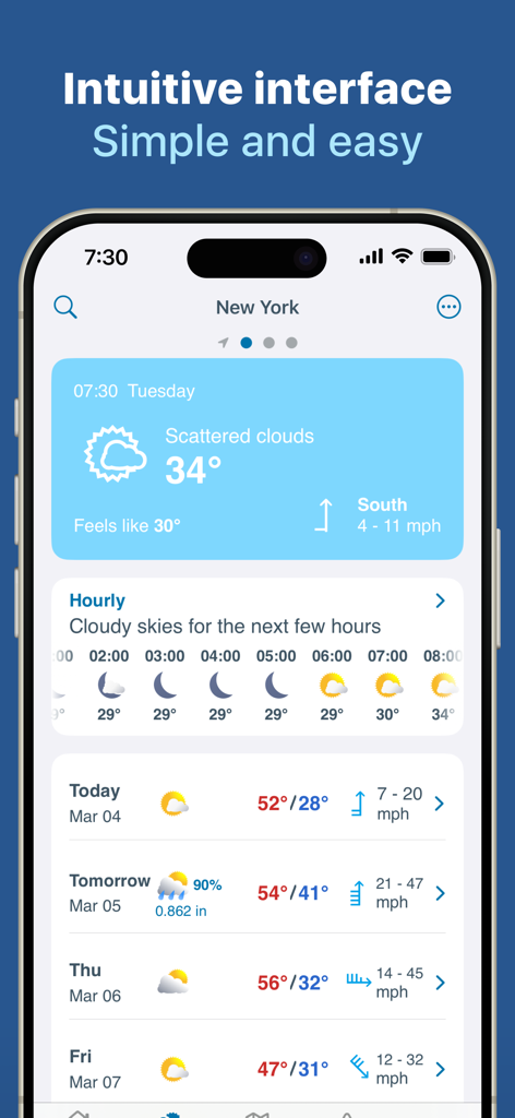 Meteored weather app interface showing daily and hourly forecast details for New York