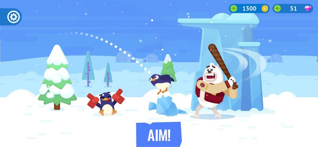 A polar bear in a varsity jacket aiming a wooden bat at a penguin in a snowy arctic landscape