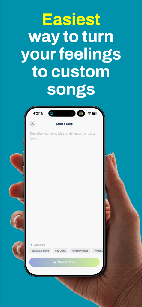 AI Song Generator - Neume - A smartphone showing the Neume app interface for creating custom AI songs from text prompts and mood descriptions