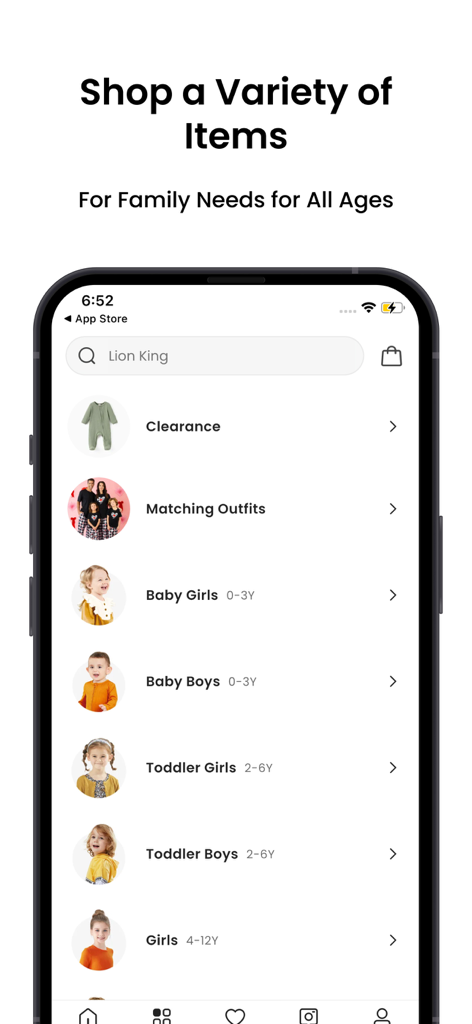 Interface of PatPat app showing clothing categories for babies, toddlers, and family matching outfits