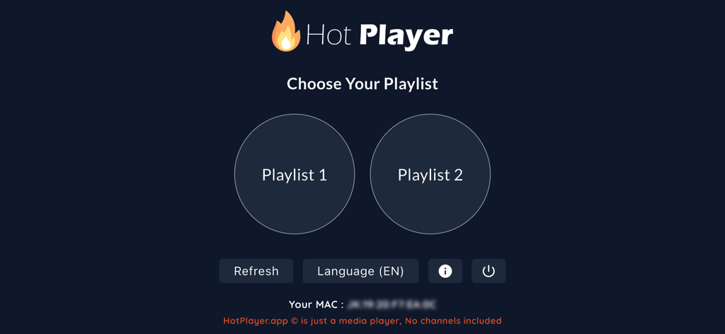 Hot Player - Hot Player app home screen interface showing options to choose from multiple playlists