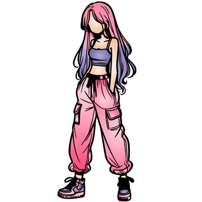 girl in baggy pants crop top and long hair
