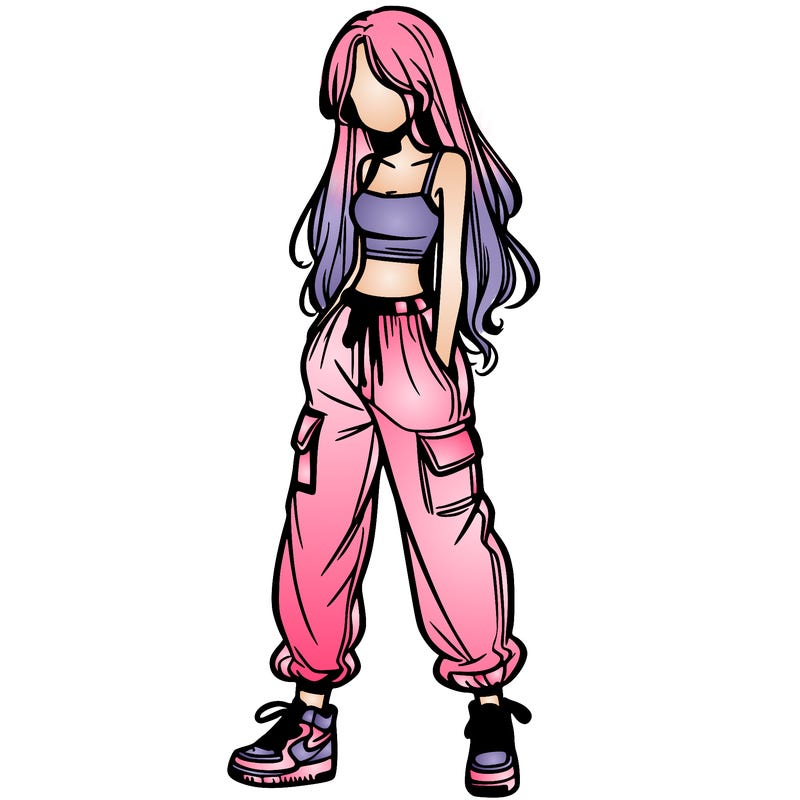girl in baggy pants crop top and long hair