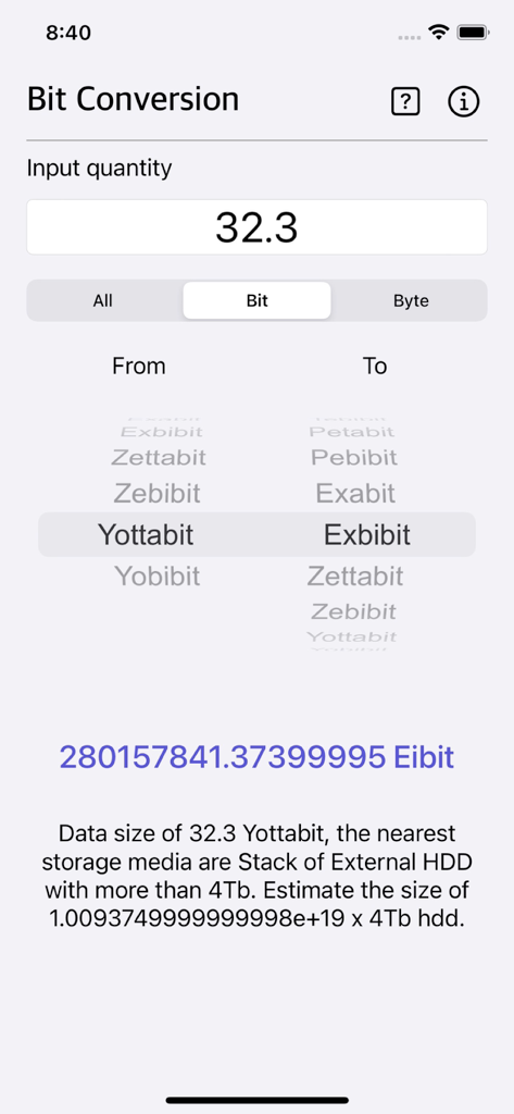 Bit Converter Plus - Bit Converter Plus app interface performing a conversion from Yottabit to Exbibit