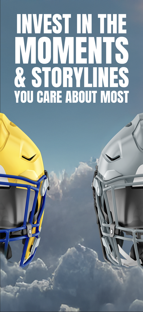 Fanatics Markets: Trade Sports - Fanatics Markets app promotional screen featuring two football helmets and text about investing in sports storylines.