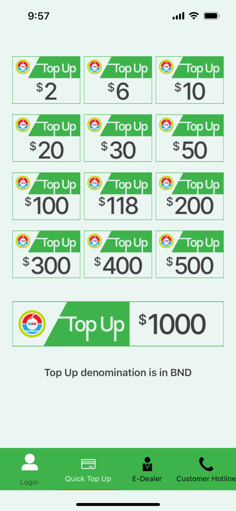 USMS mobile app screen displaying multiple prepaid top up denominations for utility bills