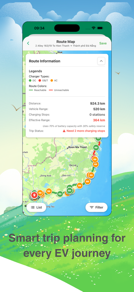 Việt EV - Viet EV app interface showing a smart trip planner with route information and charging station locations on a map of Vietnam.