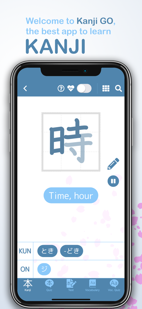 Kanji GO – Learn Japanese - Interface de l'application Kanji GO montrant le caractère japonais pour le temps avec l'ordre des traits et les lectures.