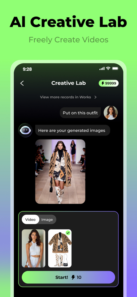 Interfaz de la aplicación PixMo mostrando la función del Laboratorio Creativo IA para cambiar atuendos en fotos