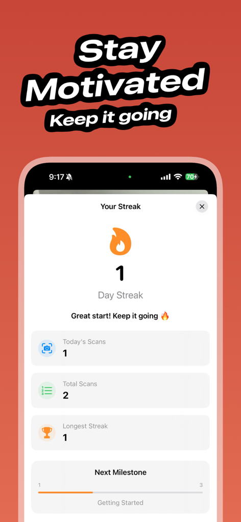 Photo Math Solver - MathCam - Schermata dell'app MathCam che mostra la sequenza giornaliera dell'utente e le statistiche di scansione per la motivazione