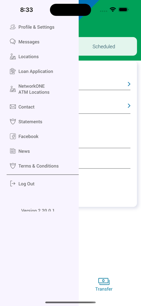 Menú de navegación lateral de la aplicación de banca móvil Saint John's Credit Union que muestra opciones de cuenta y funciones.