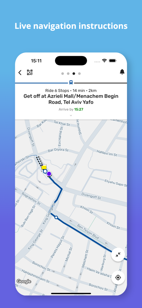 אוטובוס קרוב - Bus Nearby - A smartphone screen showing live navigation instructions in English on the Bus Nearby app for a bus route in Tel Aviv