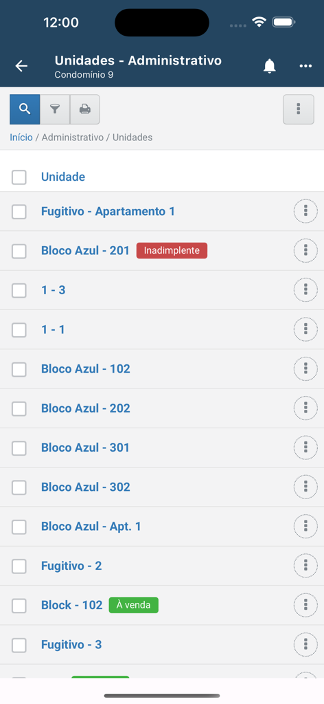 Seu Condomínio - Lista de unidades de apartamentos com rótulos de status no painel administrativo do Seu Condomínio