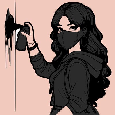 realistic girl with mask spray painting a wall