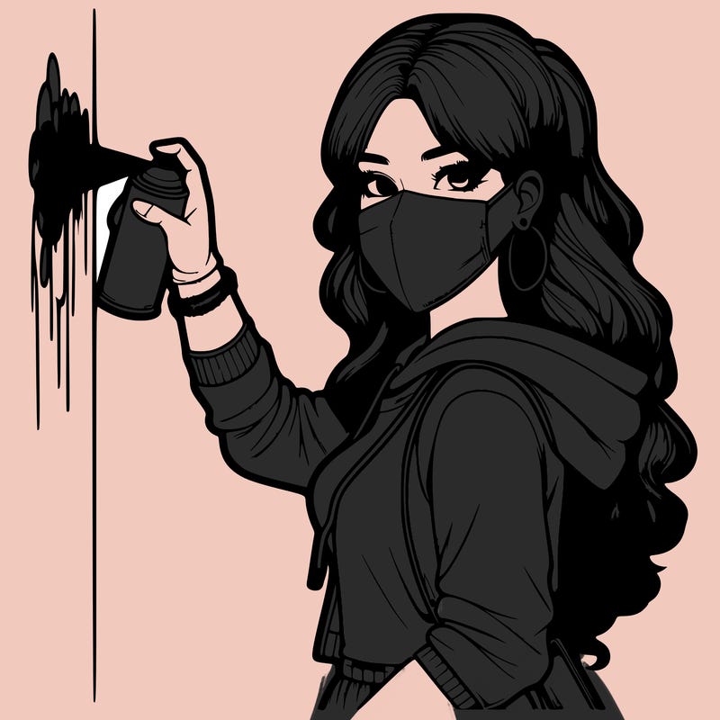 realistic girl with mask spray painting a wall