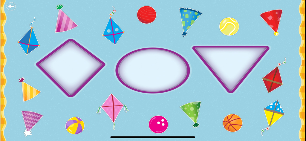 Baby Games: Ad-Free Learning - Schermata di un gioco per bambini che mostra un'attività di classificazione con forme a rombo, ovale e triangolo per l'apprendimento della prima infanzia