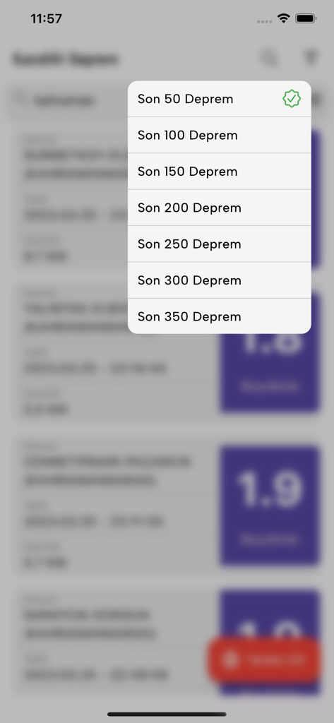 Kandilli Deprem - Dropdown menu in the Kandilli Deprem app showing filters for the number of recent earthquake events