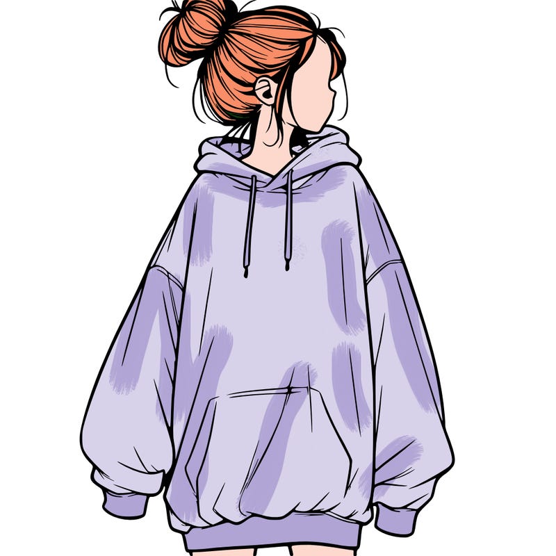 realistic girl with a oversized sweatshirt on and a bun