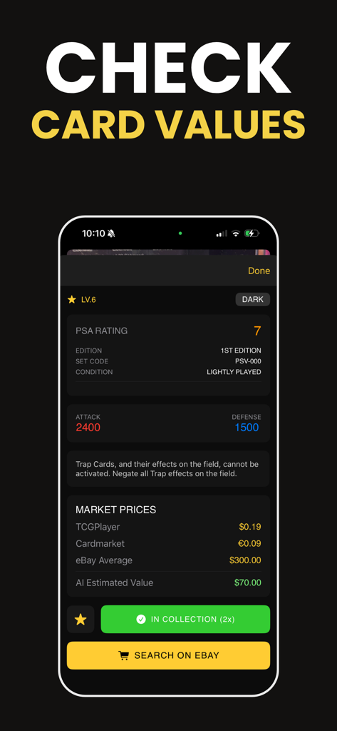 Card Value Scanner: YugiDex - YugiDex mobile app interface showing market prices and card details