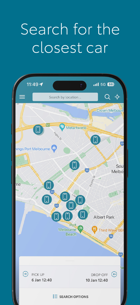 KINTO AU – Toyota Car Rental - A map interface in the KINTO AU app showing locations of available Toyota rental cars in Melbourne with pick-up and drop-off time selectors.