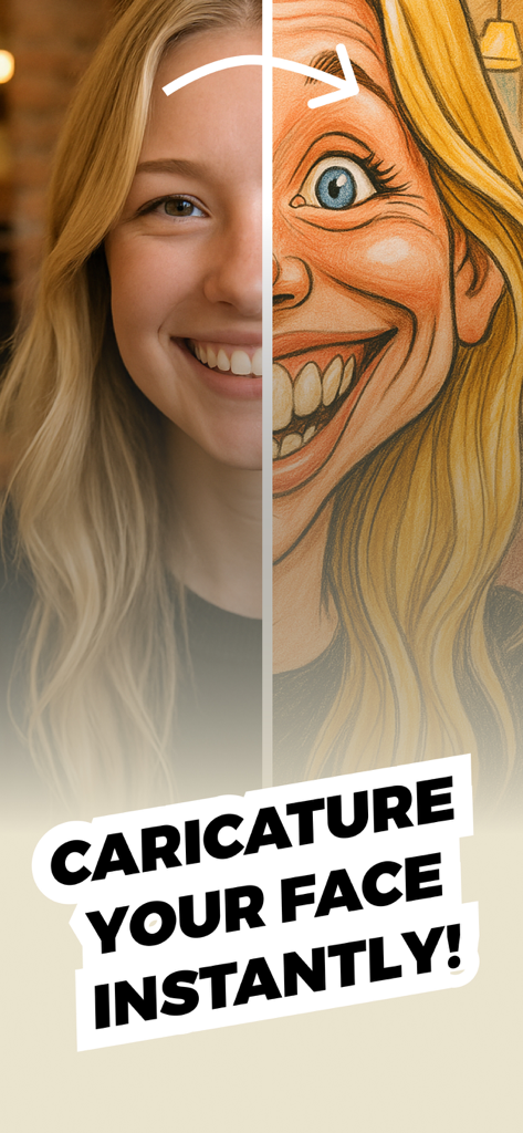 CaricatureAI: Caricature Maker - Comparación de antes y después de la foto de una mujer transformada en una caricatura divertida dibujada a mano
