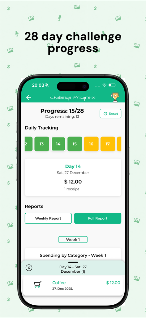 Bill Organizer - BudgetAI - A mobile app screen showing the progress of a 28-day financial tracking challenge with daily expense details.