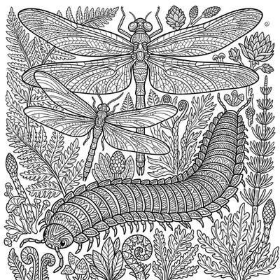 Dive into a world of ancient wonders with this captivating adult coloring page, showcasing majestic giant prehistoric insects amidst lush primeval flora. Perfect for relaxation and creative expression, these intricate designs offer hours of engaging artistic enjoyment.