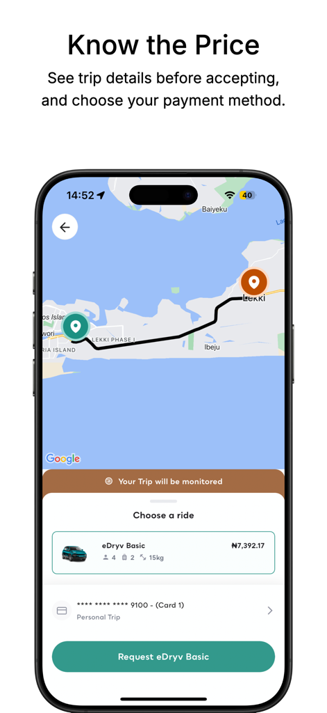 A mobile screen from the eDryv app showing a route on a map with the price for an eDryv Basic electric ride and payment options