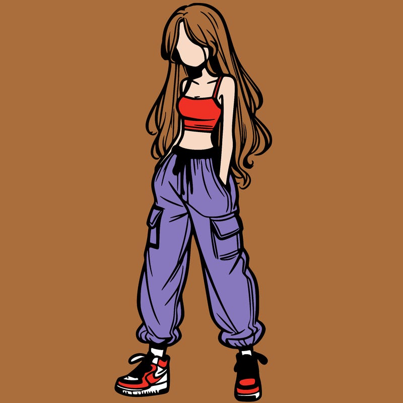 girl in baggy pants crop top and long hair