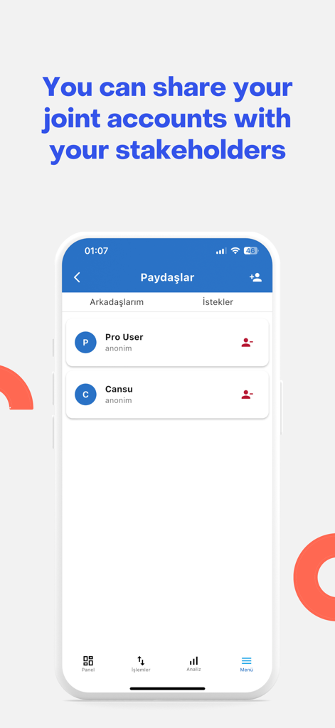 Interface for sharing joint accounts and managing stakeholders in the finance app